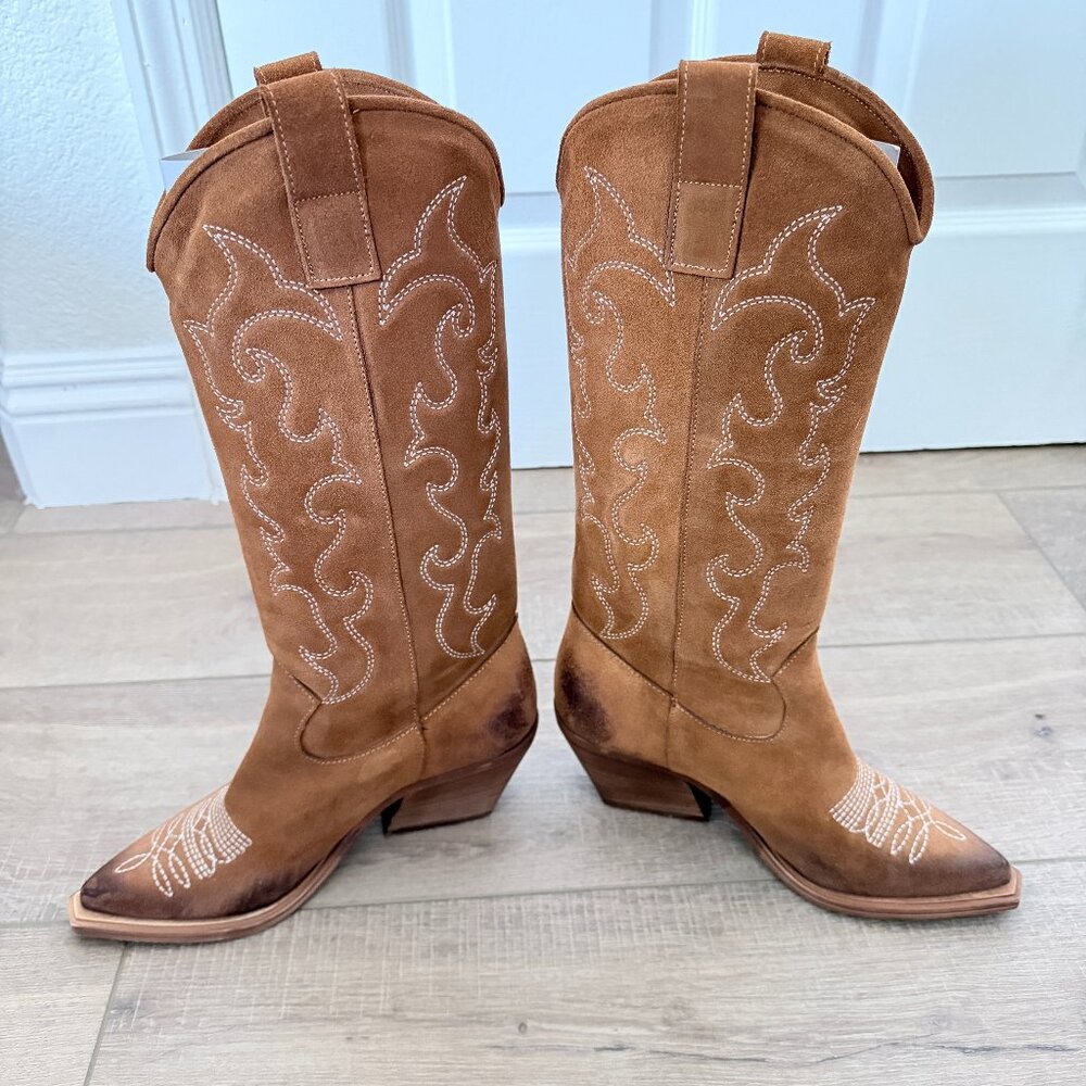 Made in Italy Embroidered Western Cowboy Boots Tan & White - Size EU 35 / US 5
